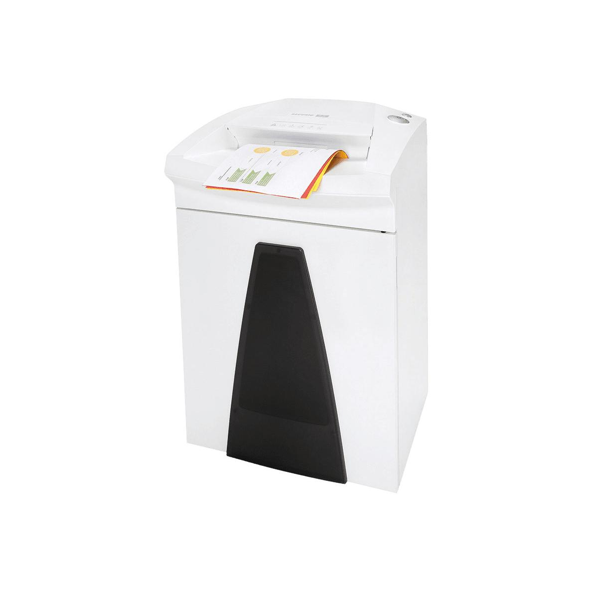 Una trituradora de papel blanca con un recorte negro y papel encima.