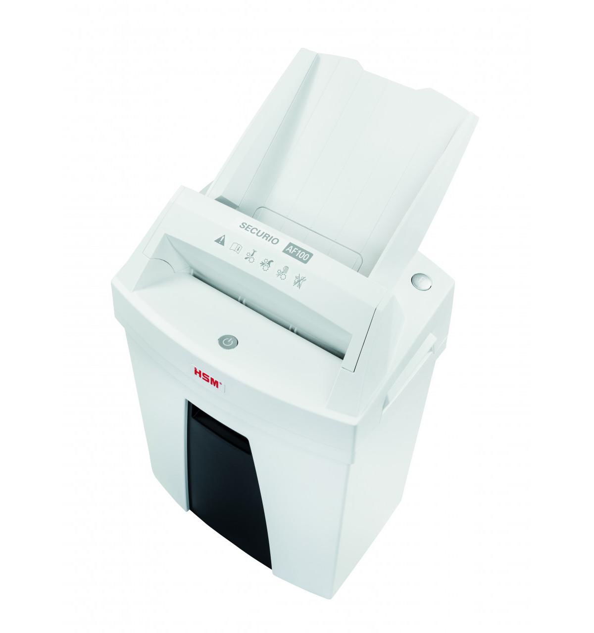 Een witte papierversnipperaar met invoersleuf en een zwarte opvangbak.