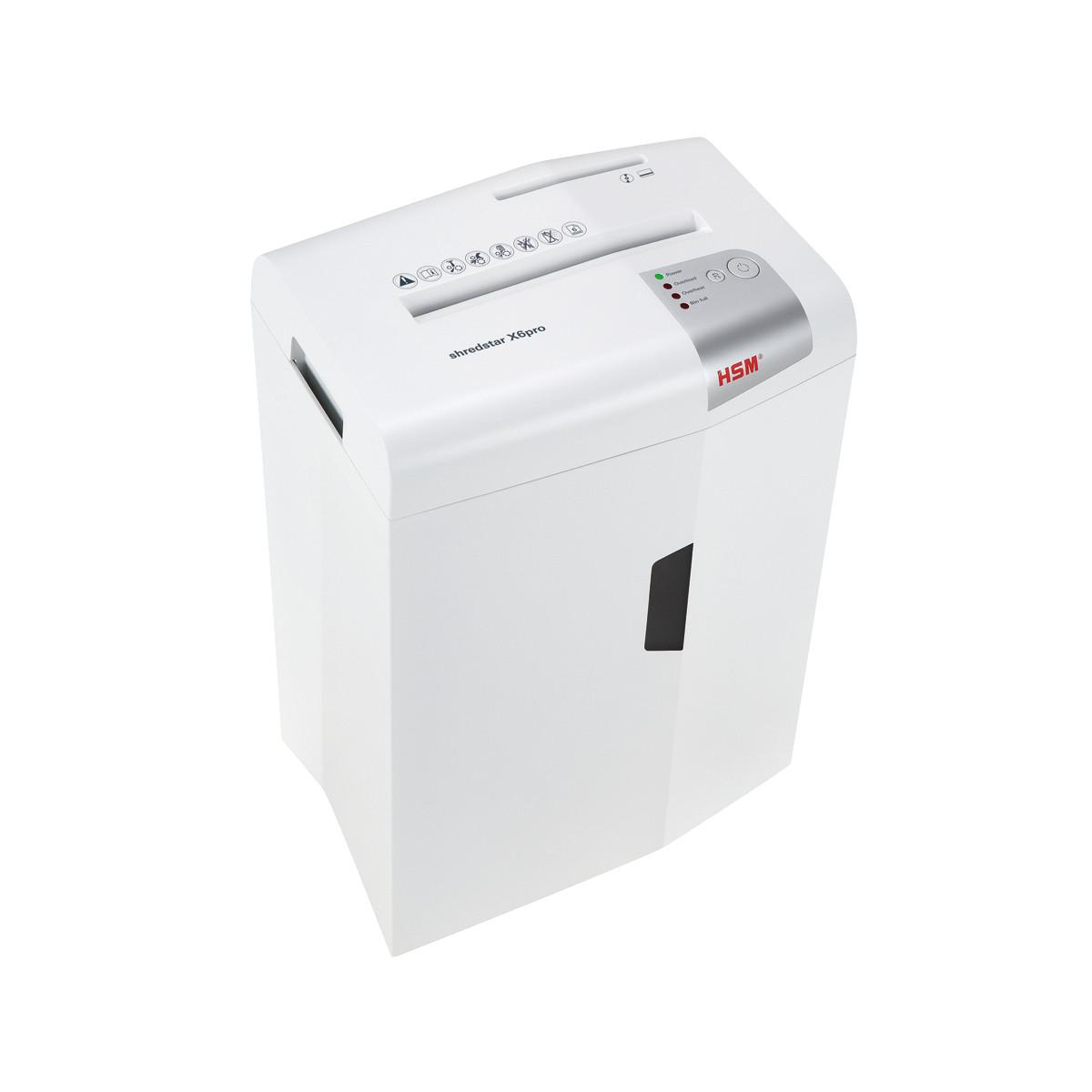 Yukarıdan bakılan beyaz bir HSM Shredstar X6pro kağıt parçalayıcı.