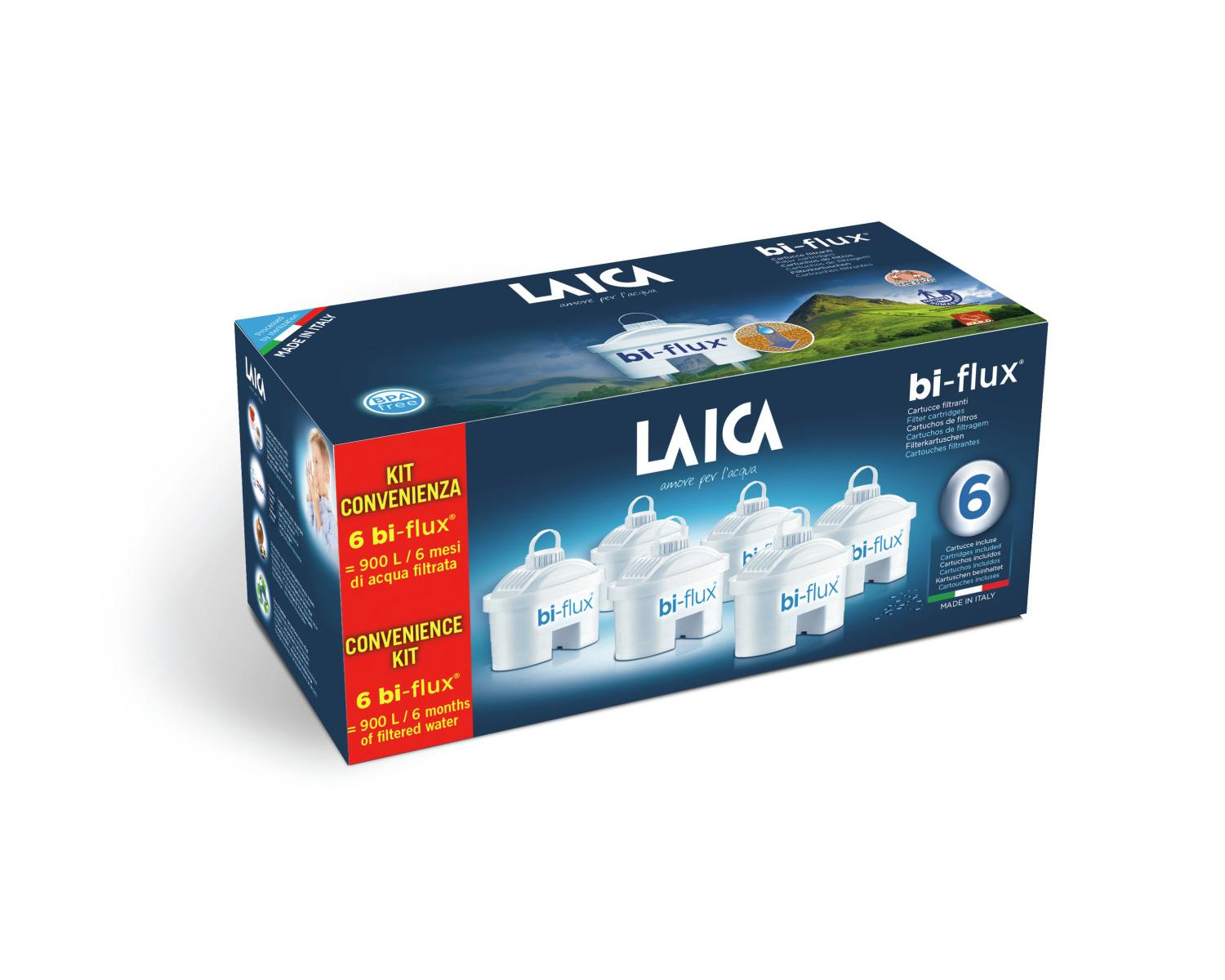 Confezione da 6 filtri acqua LAICA bi-flux. Senza BPA, made in Italy. Capacità 900L.