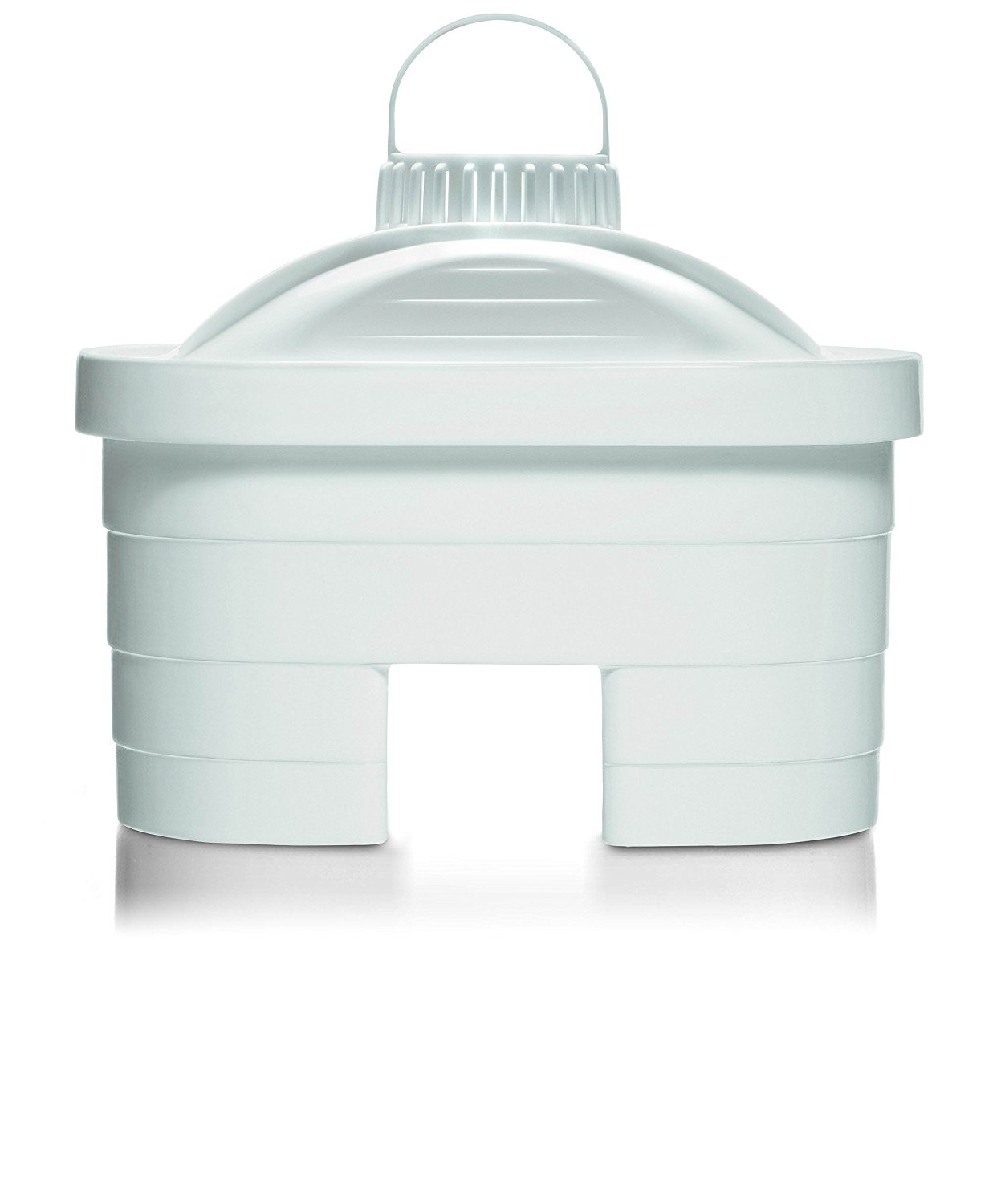 Un filtro dell'acqua bianco con manico e parte superiore scanalata.