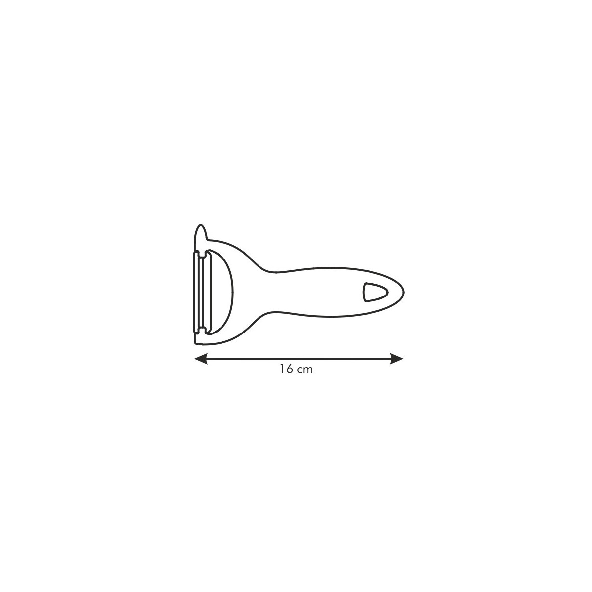 Eine Schälklinge mit Griff, 16 cm lang, schematisch dargestellt.
