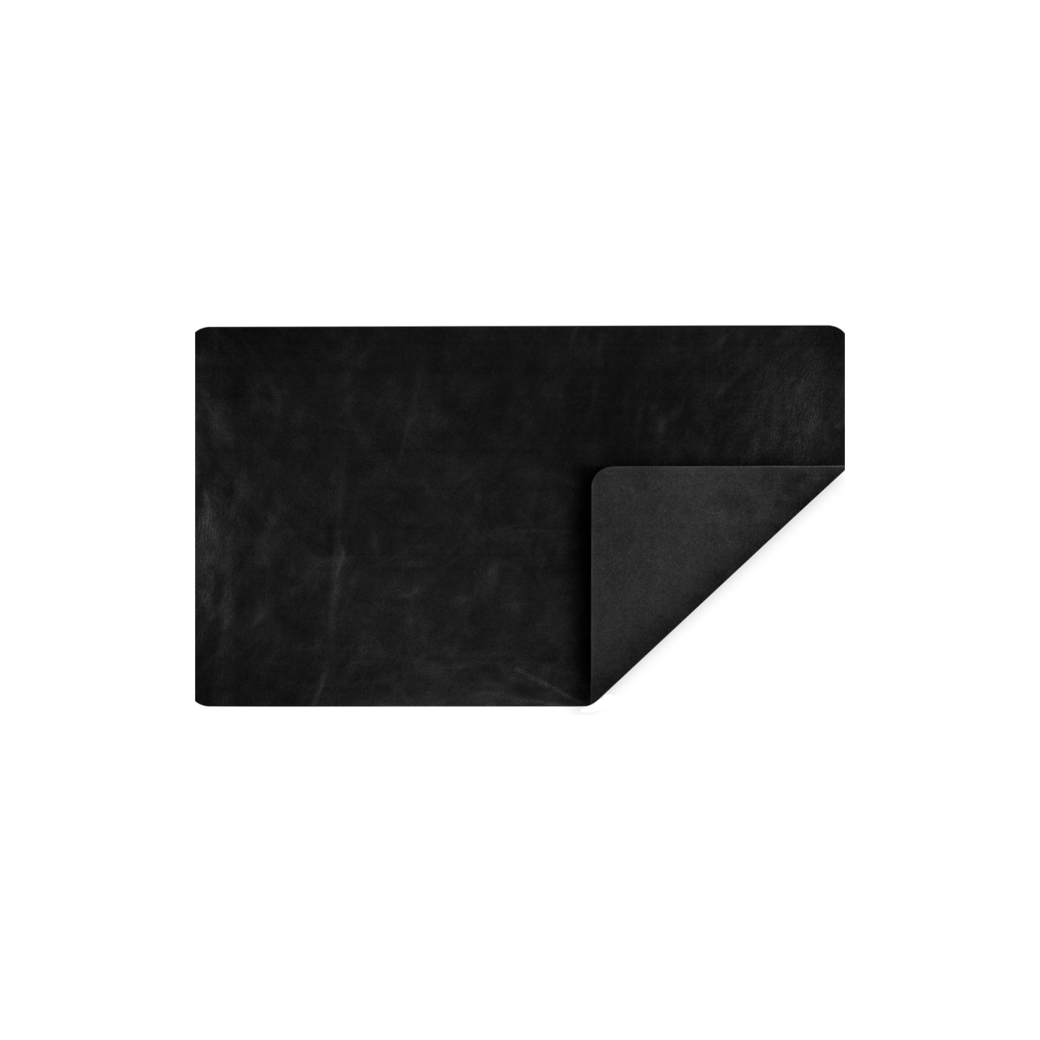 Ein schwarzes Leder-Schreibtischunterlage mit einer Ecke, die nach oben geklappt ist.