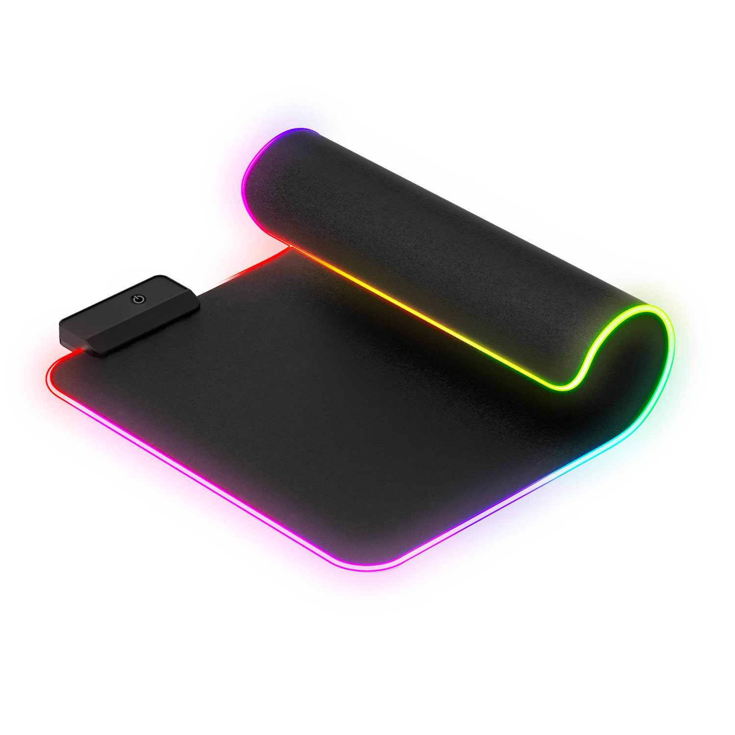 Tappetino per mouse nero con illuminazione RGB, parzialmente arrotolato, con pulsante di accensione.