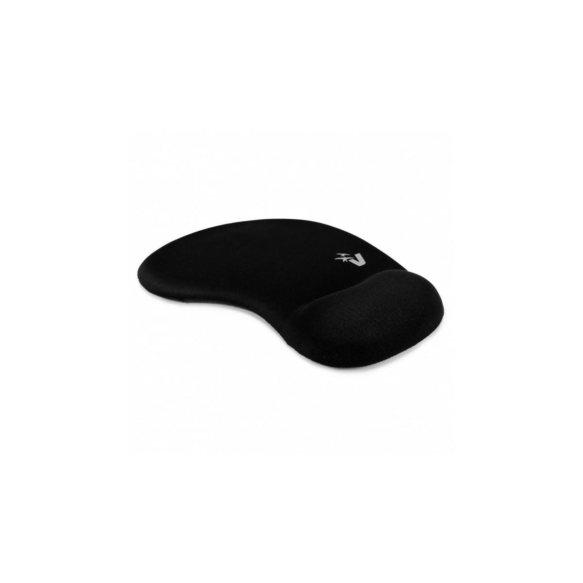 Schwarzes ergonomisches Mauspad mit Handgelenkauflage und silbernem Logo.