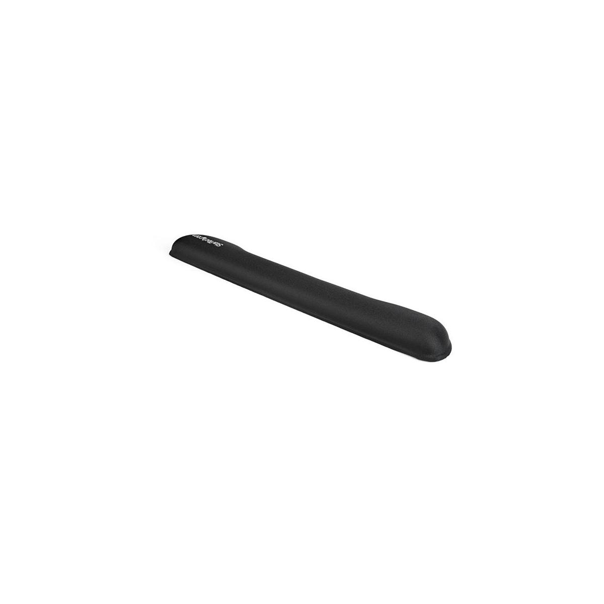 Almohadilla ergonómica negra para muñeca sobre fondo blanco.