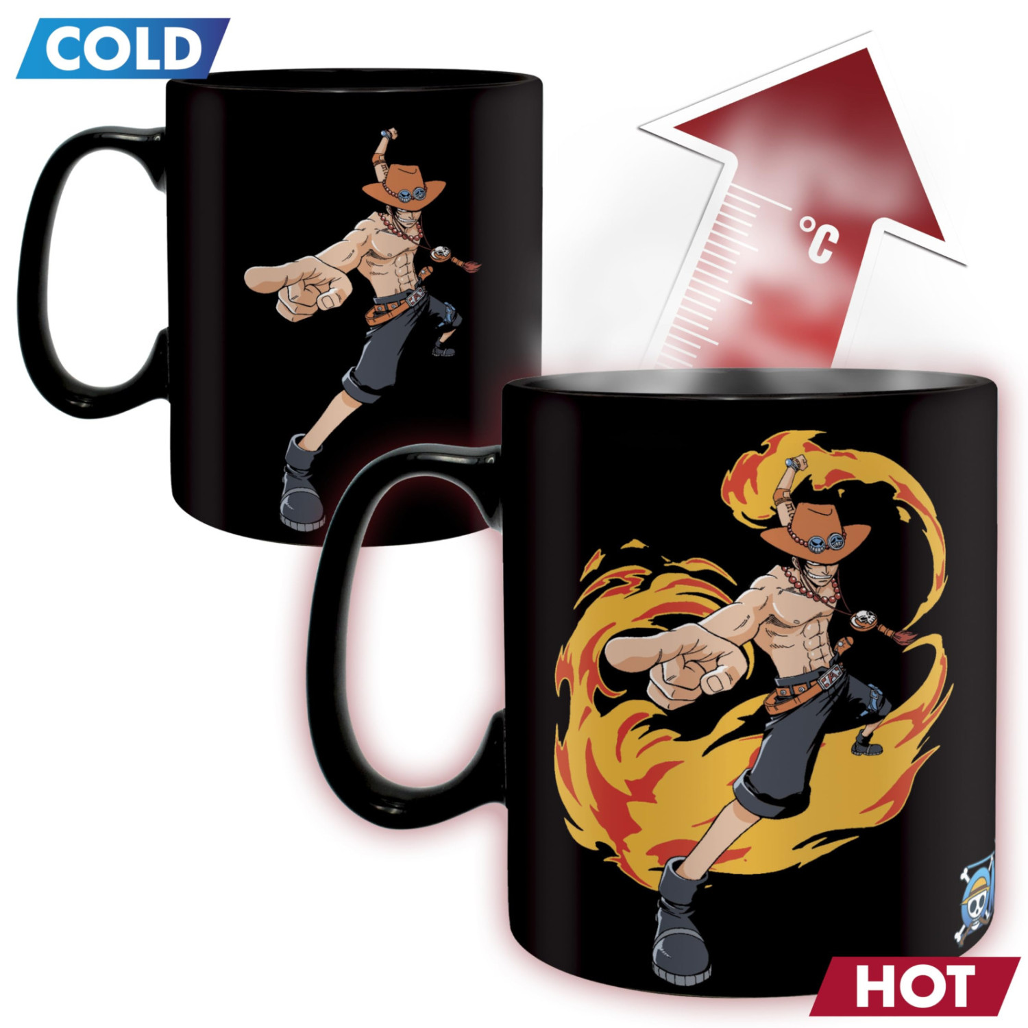 Taza negra con personaje de anime rodeado de fuego. Etiquetas "COLD" y "HOT".