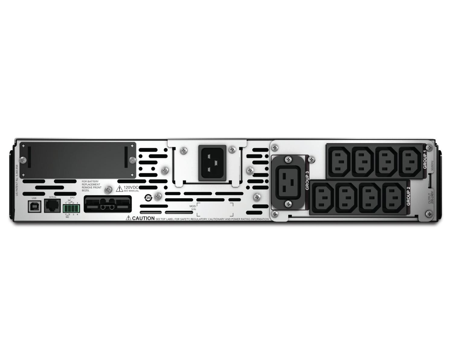 Retro di dispositivo nero con porte: USB, Seriale, EPO, 120VDC, Modulo, Gruppo 3, Gruppo 1 e 2.