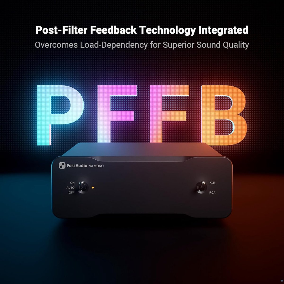 Black audio device with PFFB text and technology description.