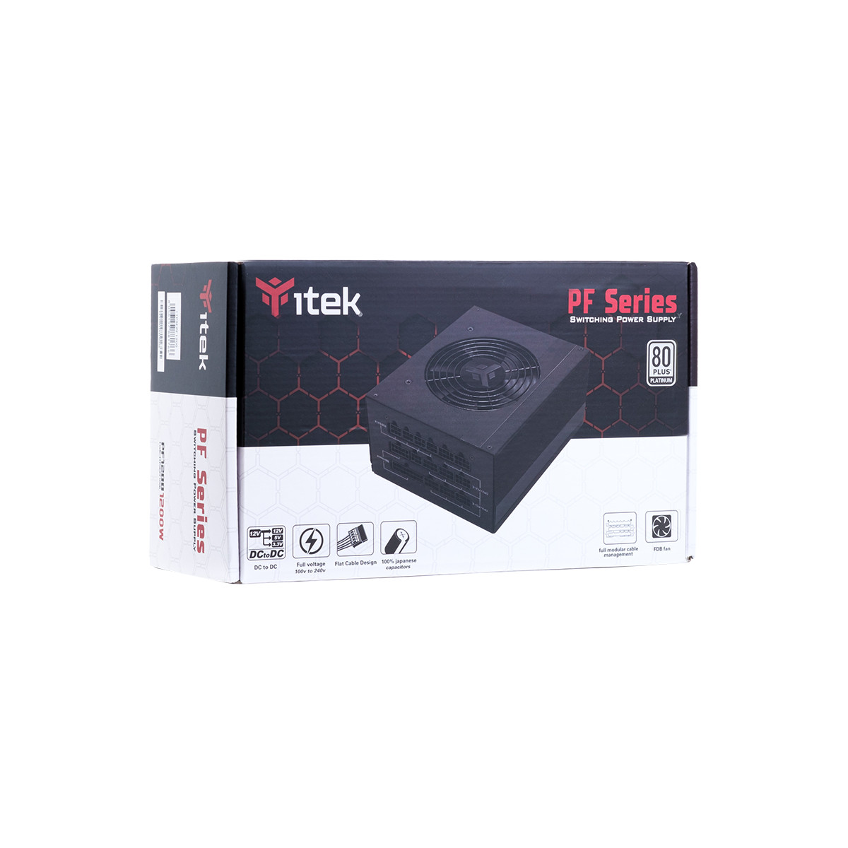 Un alimentatore nero serie PF con certificazione 80 PLUS Platinum sulla sua confezione.