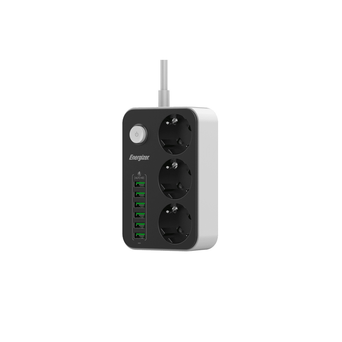 Multiprise Energizer noire avec 3 prises et 6 ports USB.