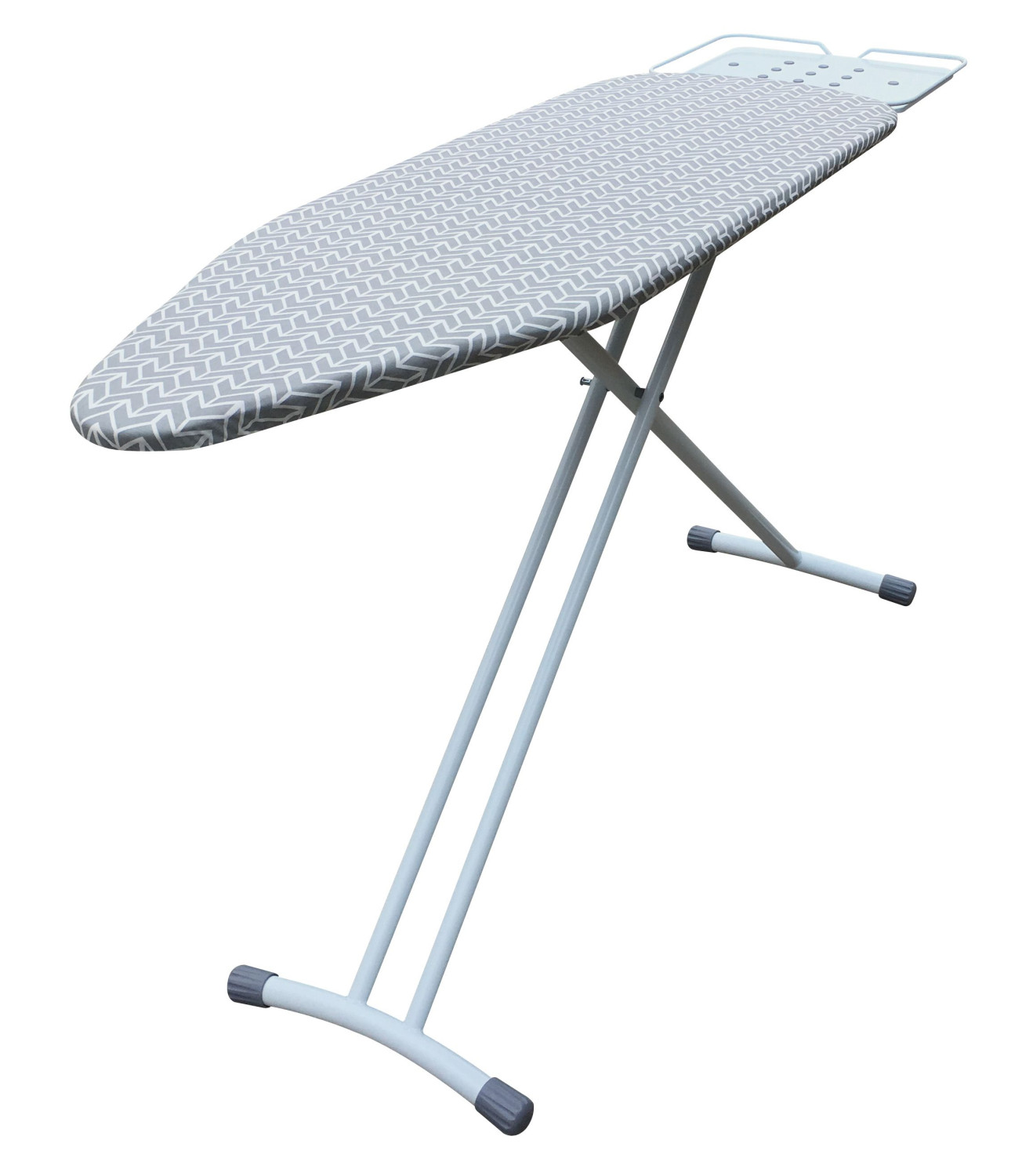 Een strijkplank met grijs-wit patroon op witte achtergrond, met metalen poten.