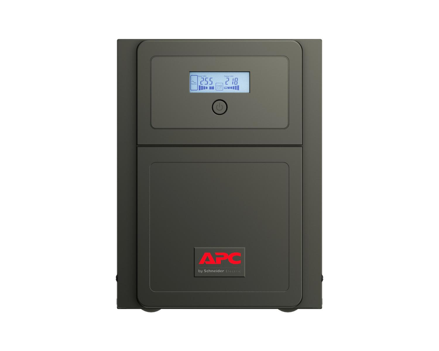 Eine dunkelgraue APC-USV mit Digitalanzeige, die 255 Eingang und 218 Ausgang anzeigt.