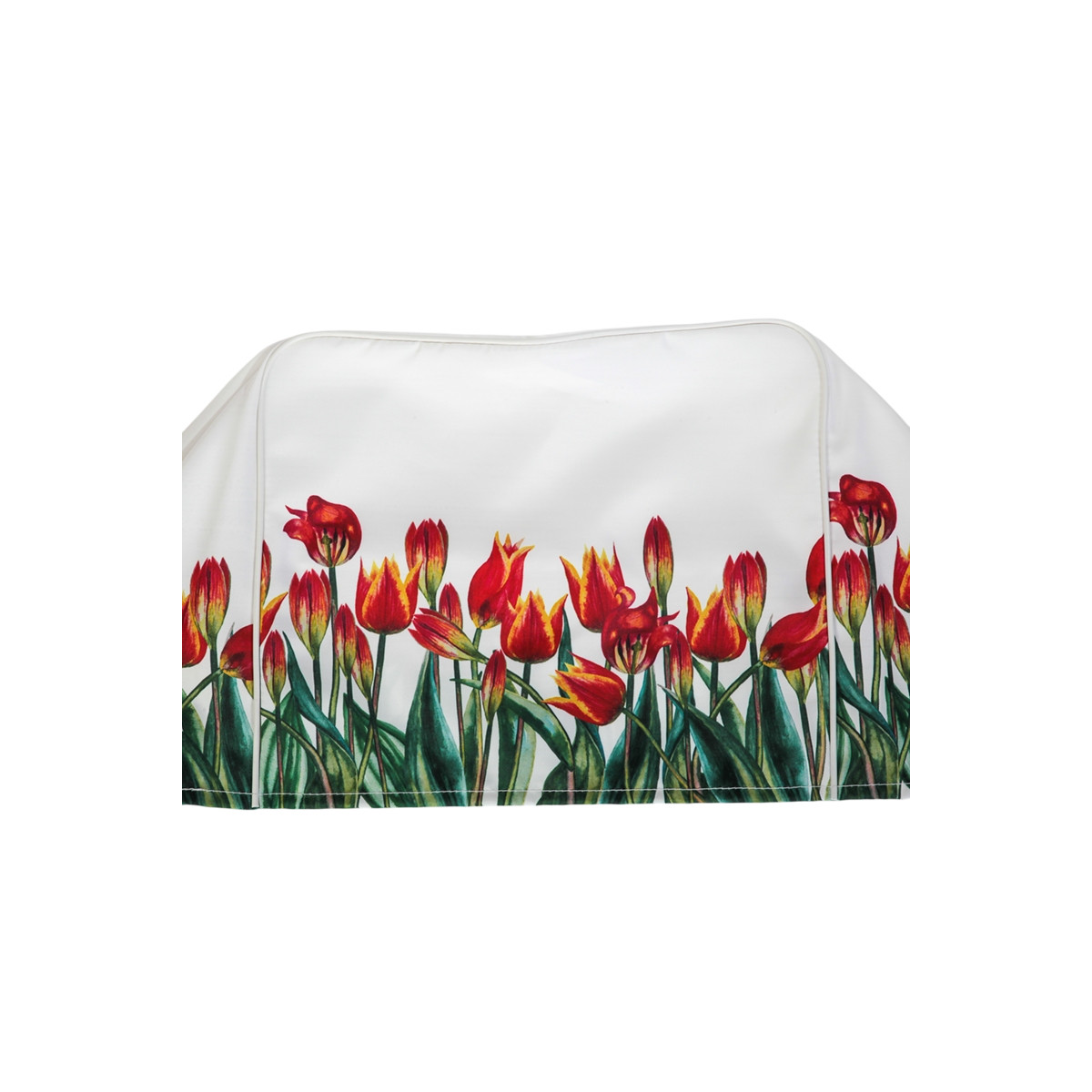 Un oggetto bianco con stampa di tulipani rossi e gialli sul bordo inferiore.