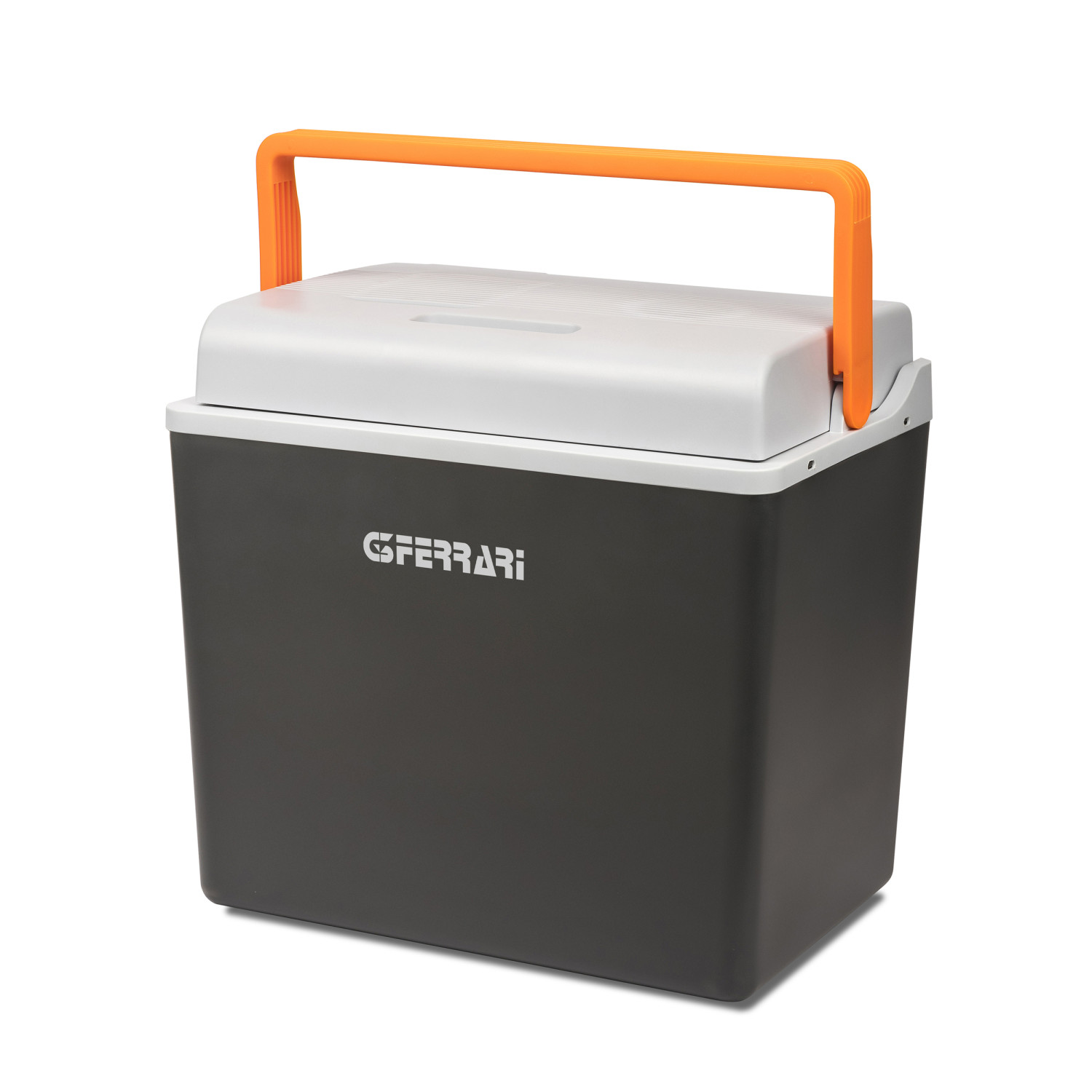 Donkergrijze koelbox met wit deksel en oranje handvat.