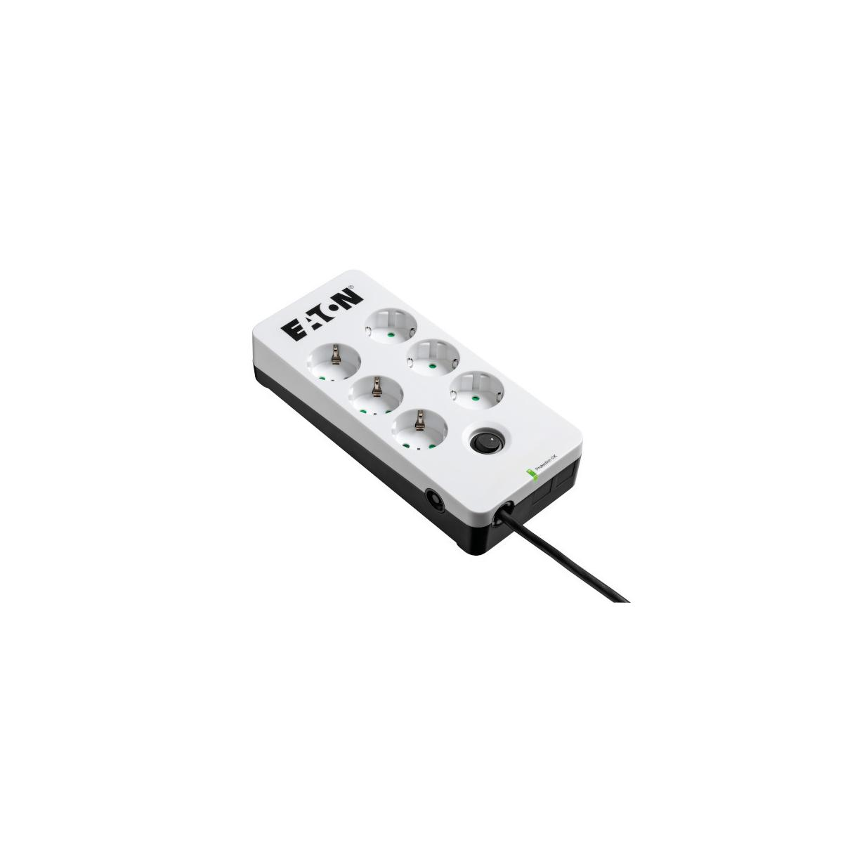 Una regleta blanca Eaton con seis enchufes y un cable negro.