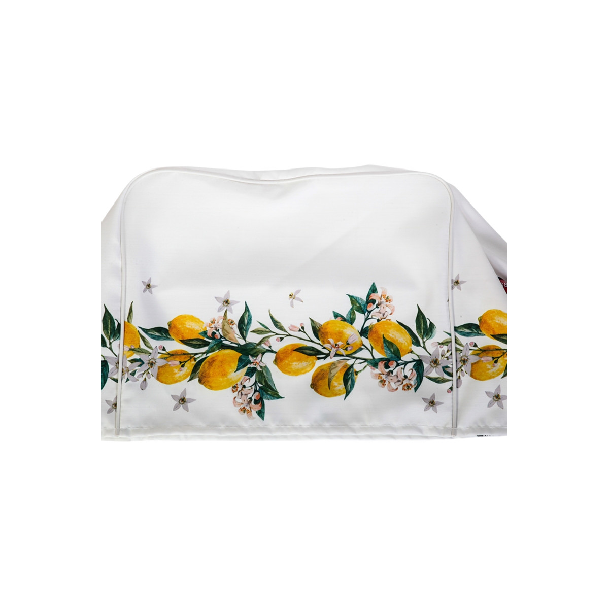 Copertura bianca con bordo a fantasia di limoni gialli, foglie e fiori.