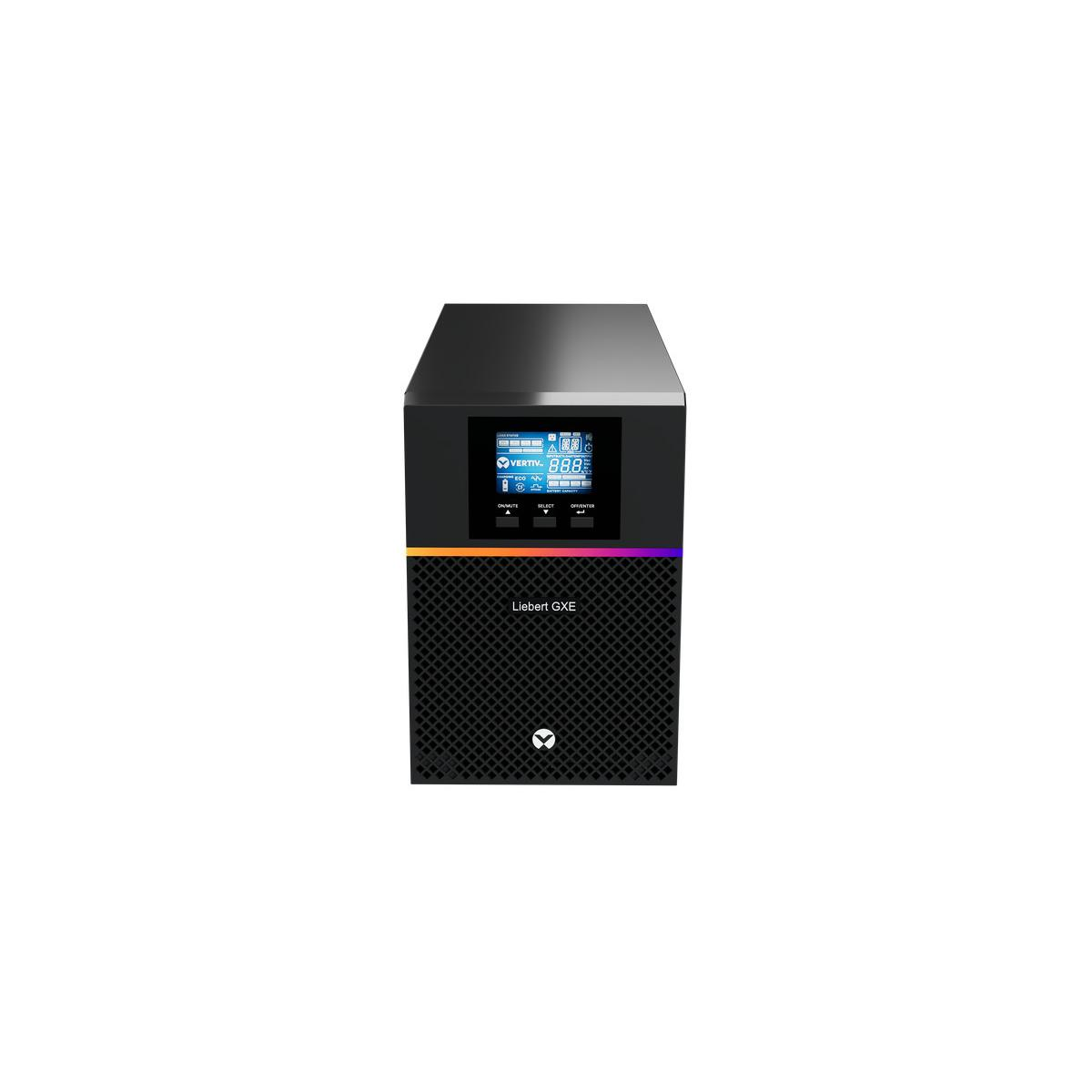 Un UPS nero Vertiv Liebert GXE con display digitale e pulsanti.