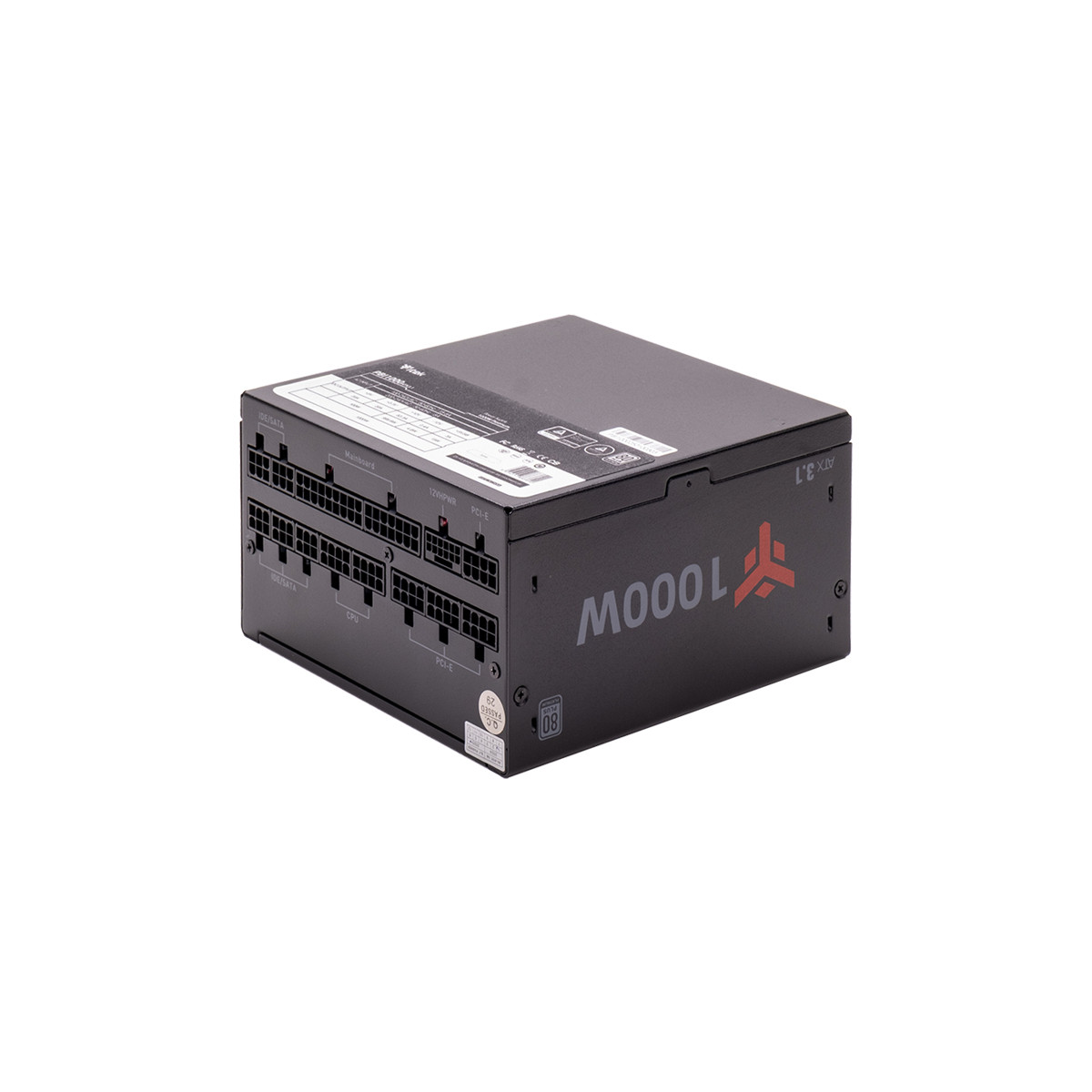 Alimentatore nero da 1000W, ATX 3.1, con vari connettori anteriori ed etichette.