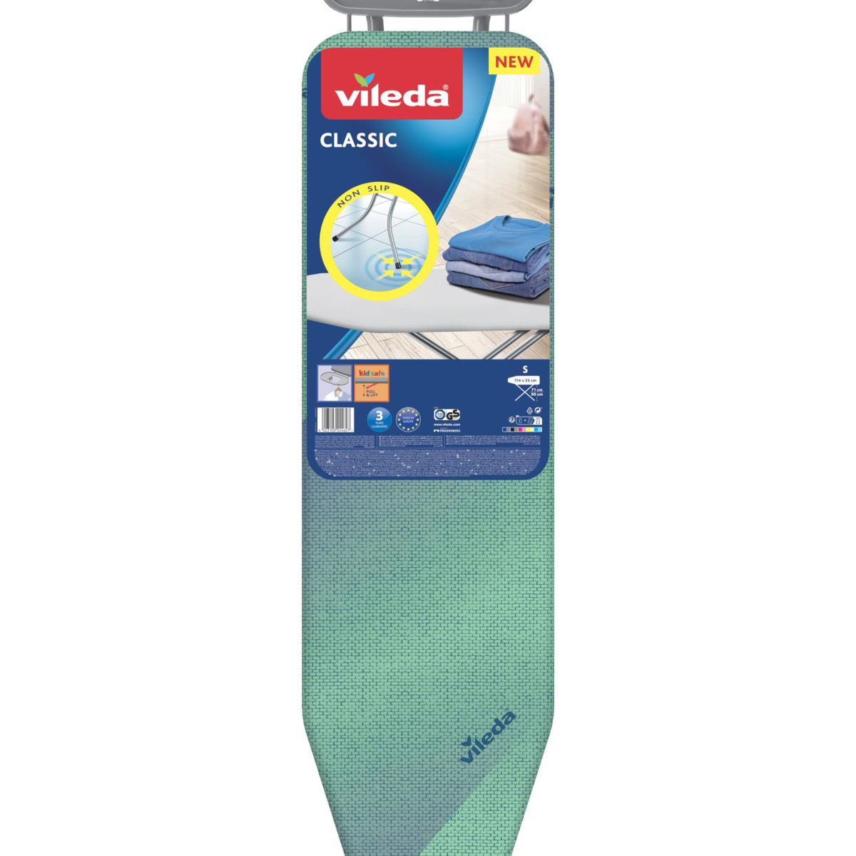 Asse da stiro Vileda Classic con copertina verde e informazioni dettagliate.