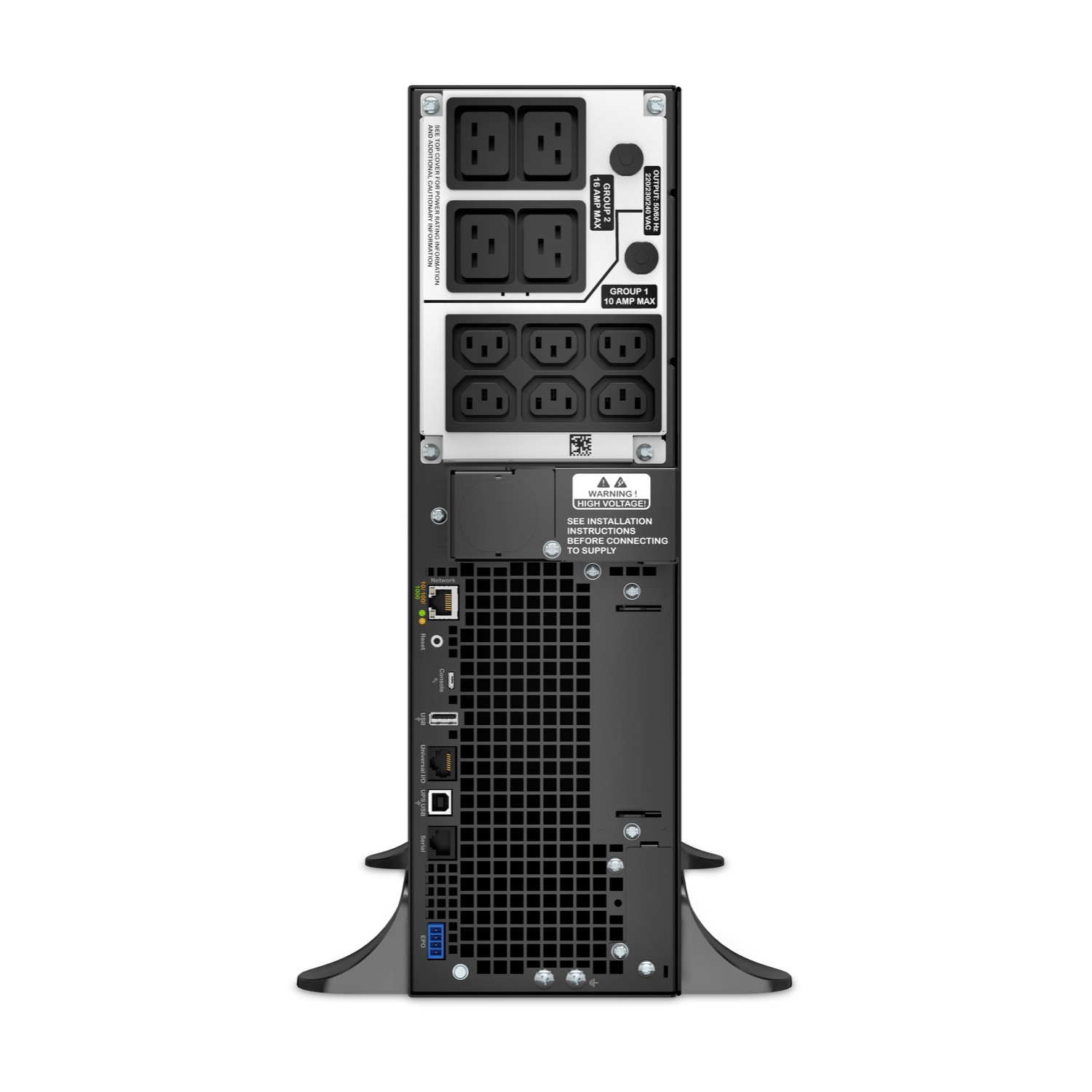 Vista posteriore di un server nero con diverse prese e porte.