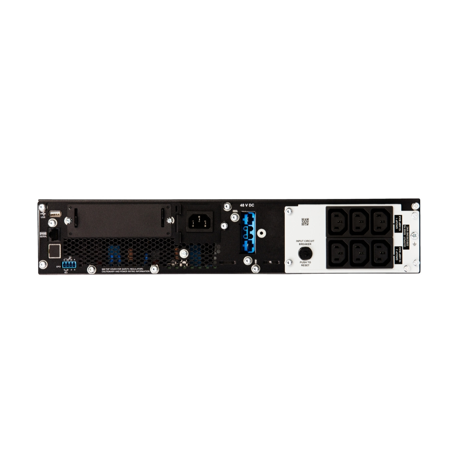 Vista posteriore di un UPS da rack nero con varie porte, tra cui USB, seriale, ingresso 48V DC e prese multiple.