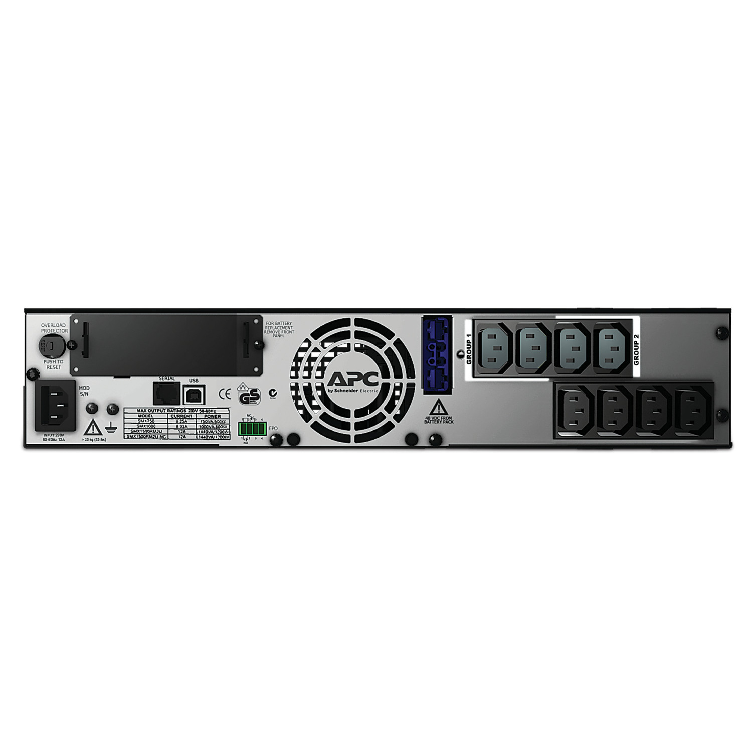 Vista trasera de un dispositivo APC UPS mostrando puertos, etiquetas y ventilador.