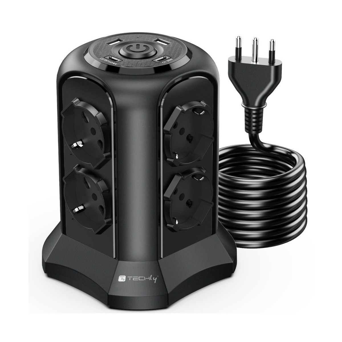 Schwarzer Turm-Steckdosenleiste mit mehreren Steckdosen und USB-Anschlüssen, mit Kabel und Stecker.