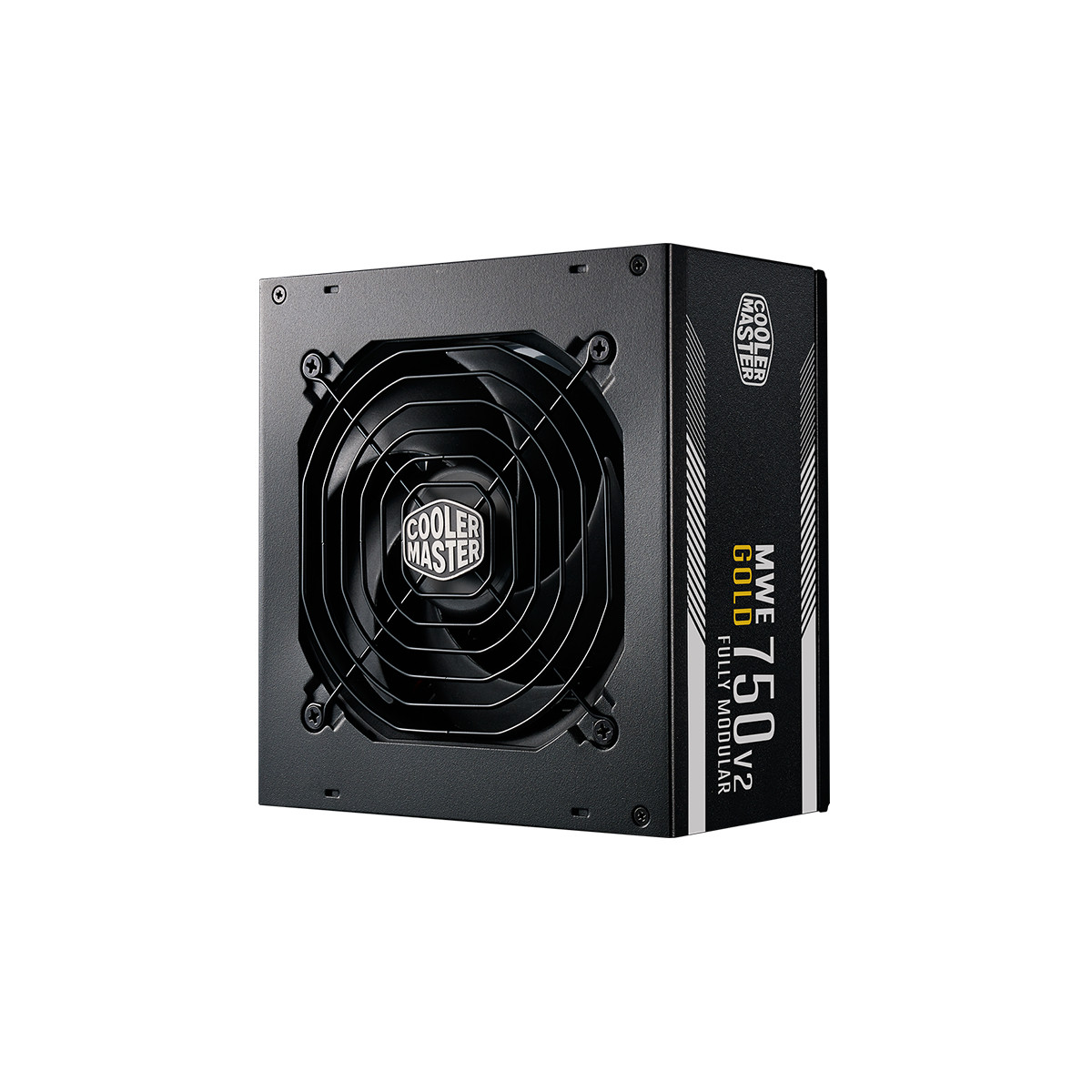 Schwarzes Netzteil mit Lüfter und Cooler Master Logo. Beschriftung MWE 750 V2.