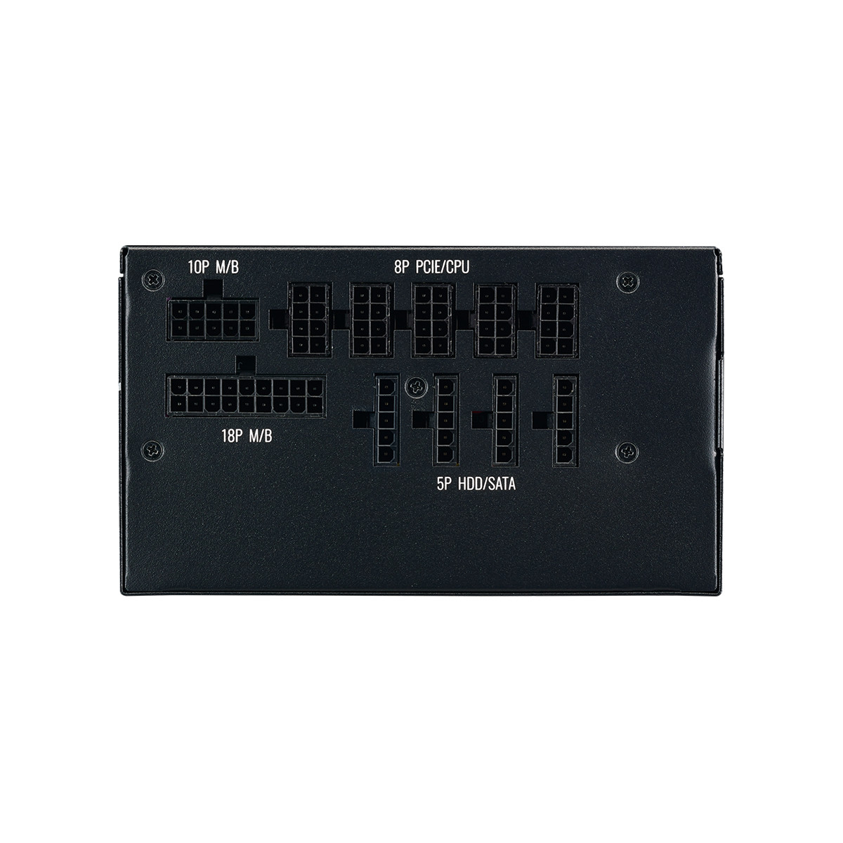 Schwarzes Netzteil mit verschiedenen Anschlüssen für Motherboard, PCIe/CPU und HDD/SATA.