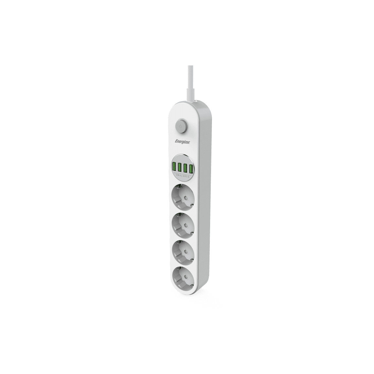 Une multiprise blanche avec 4 ports USB et 4 prises.