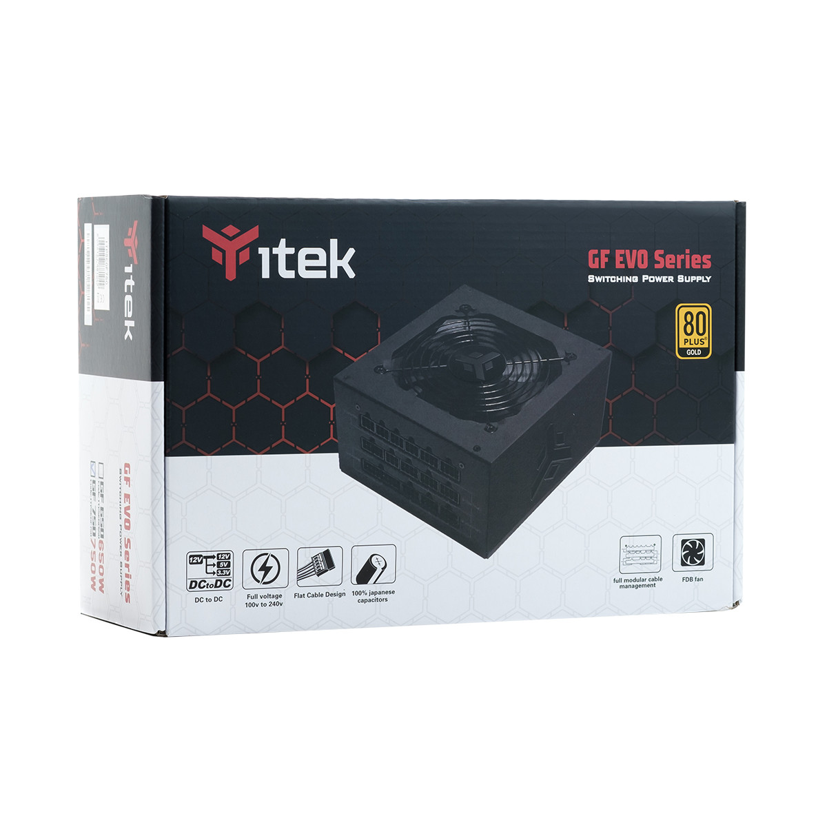 Scatola di un alimentatore nero Itek GF EVO Series 750W con certificazione 80 Plus Gold.