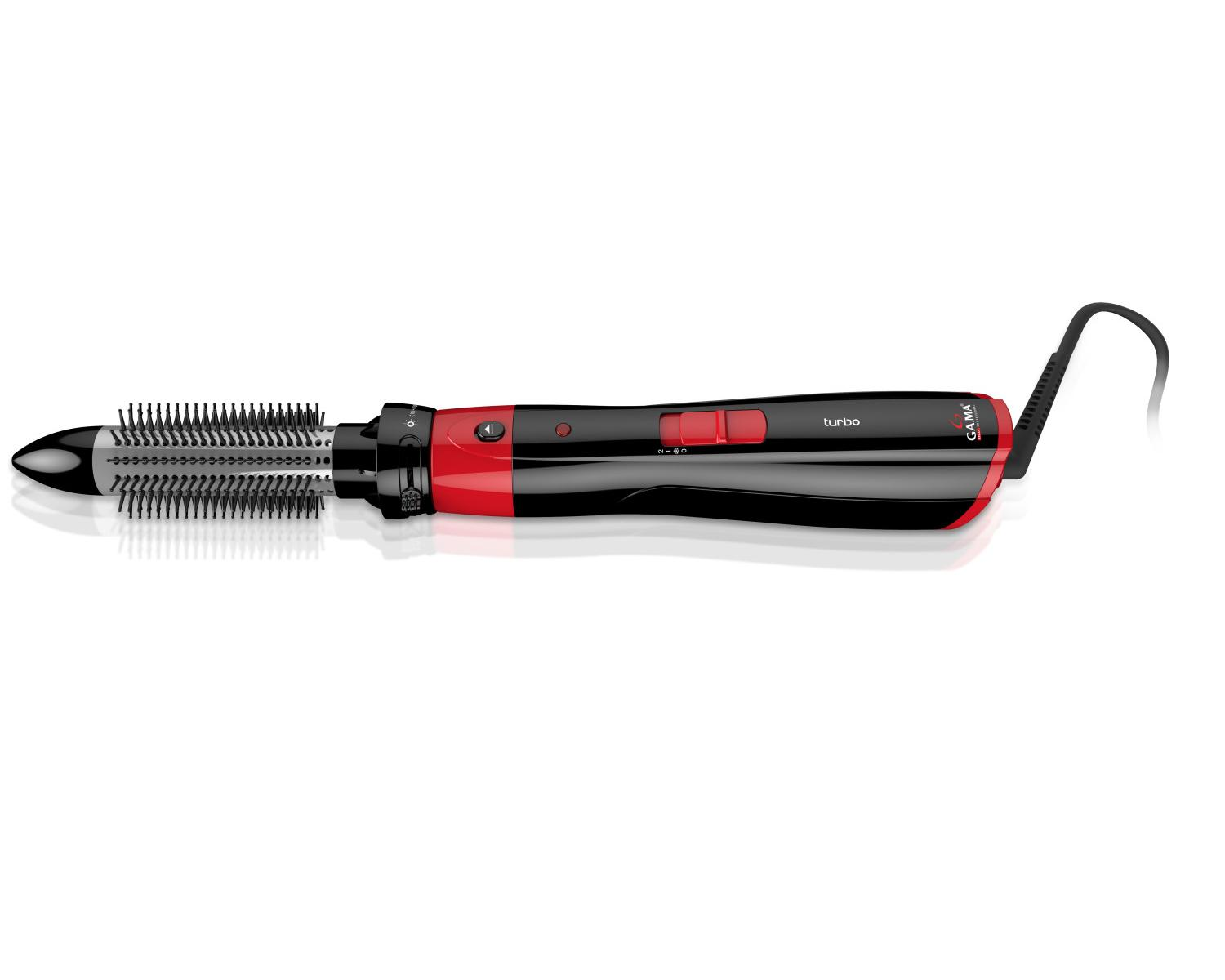 Ein rot-schwarzer rotierender Lockenstab mit Bürstenaufsatz und Kabel.