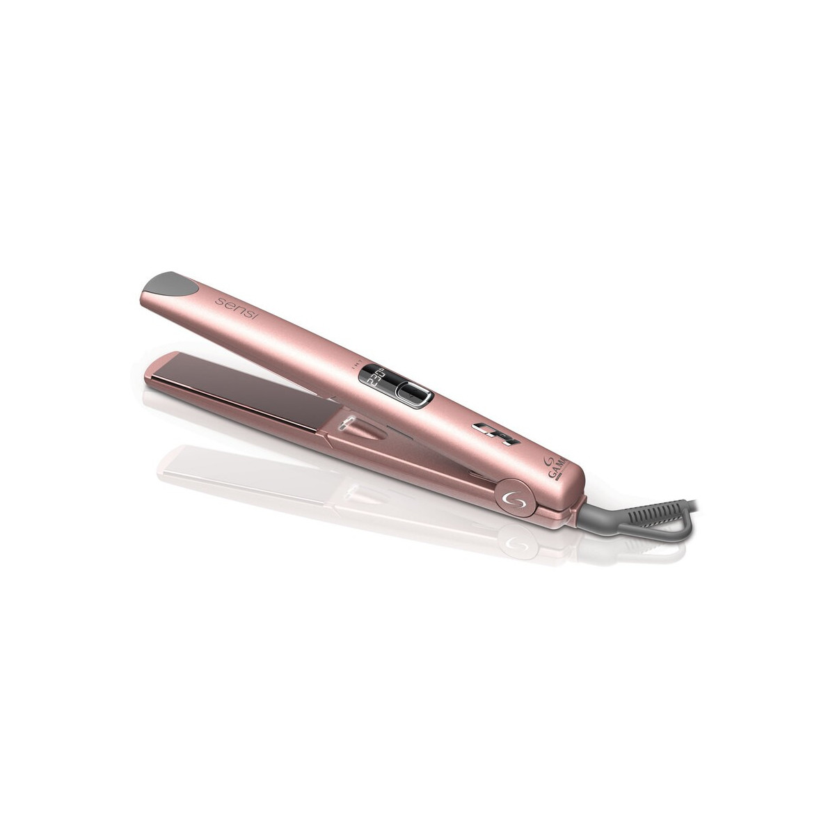 Piastra per capelli color oro rosa con display digitale su sfondo bianco.