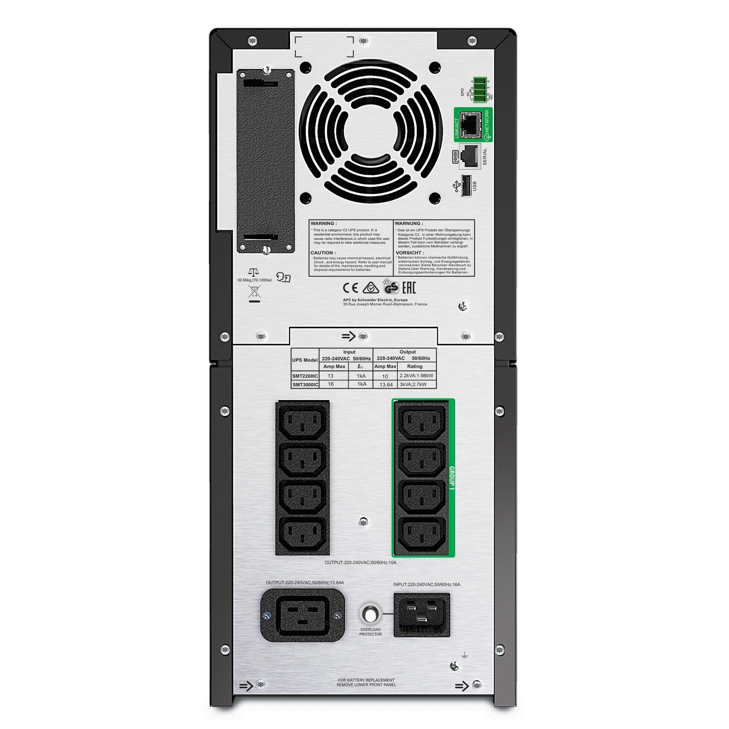 Parte trasera de una unidad UPS negra y plateada mostrando ventilador, puertos y etiquetas.