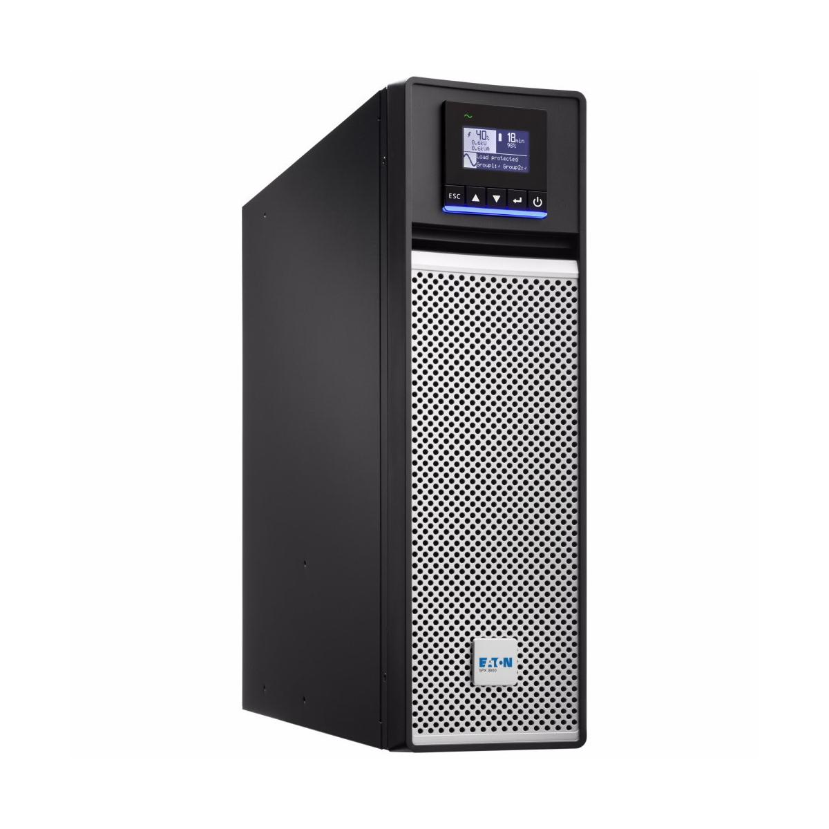 Unidad negra Eaton UPS con panel frontal ventilado y pantalla LCD.