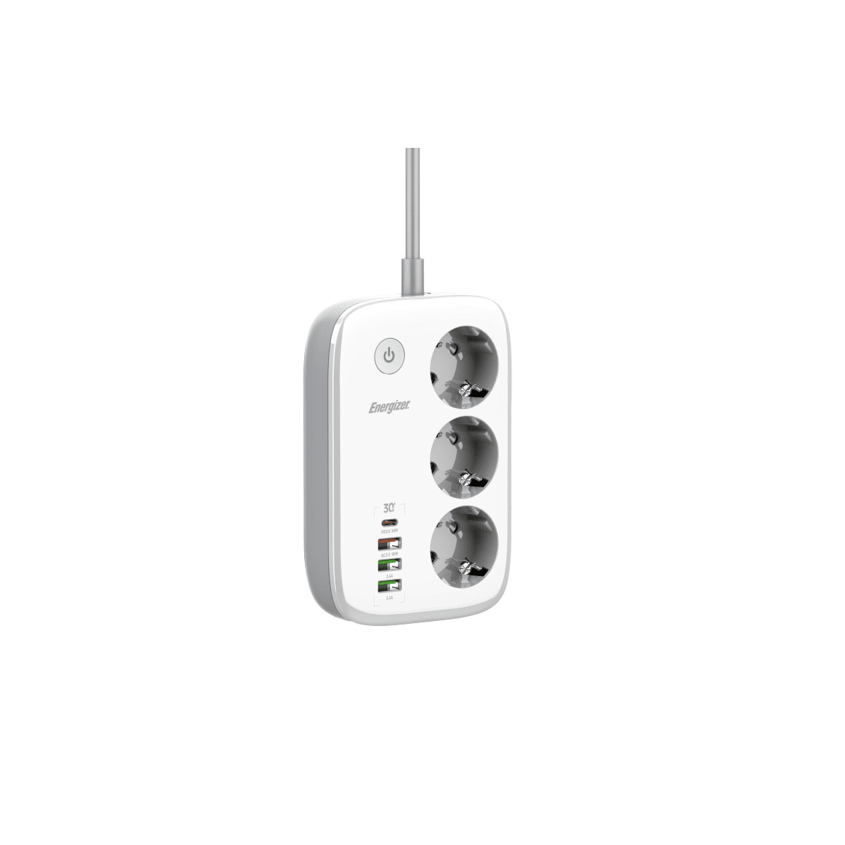 Una ciabatta bianca Energizer con tre prese e quattro porte USB.