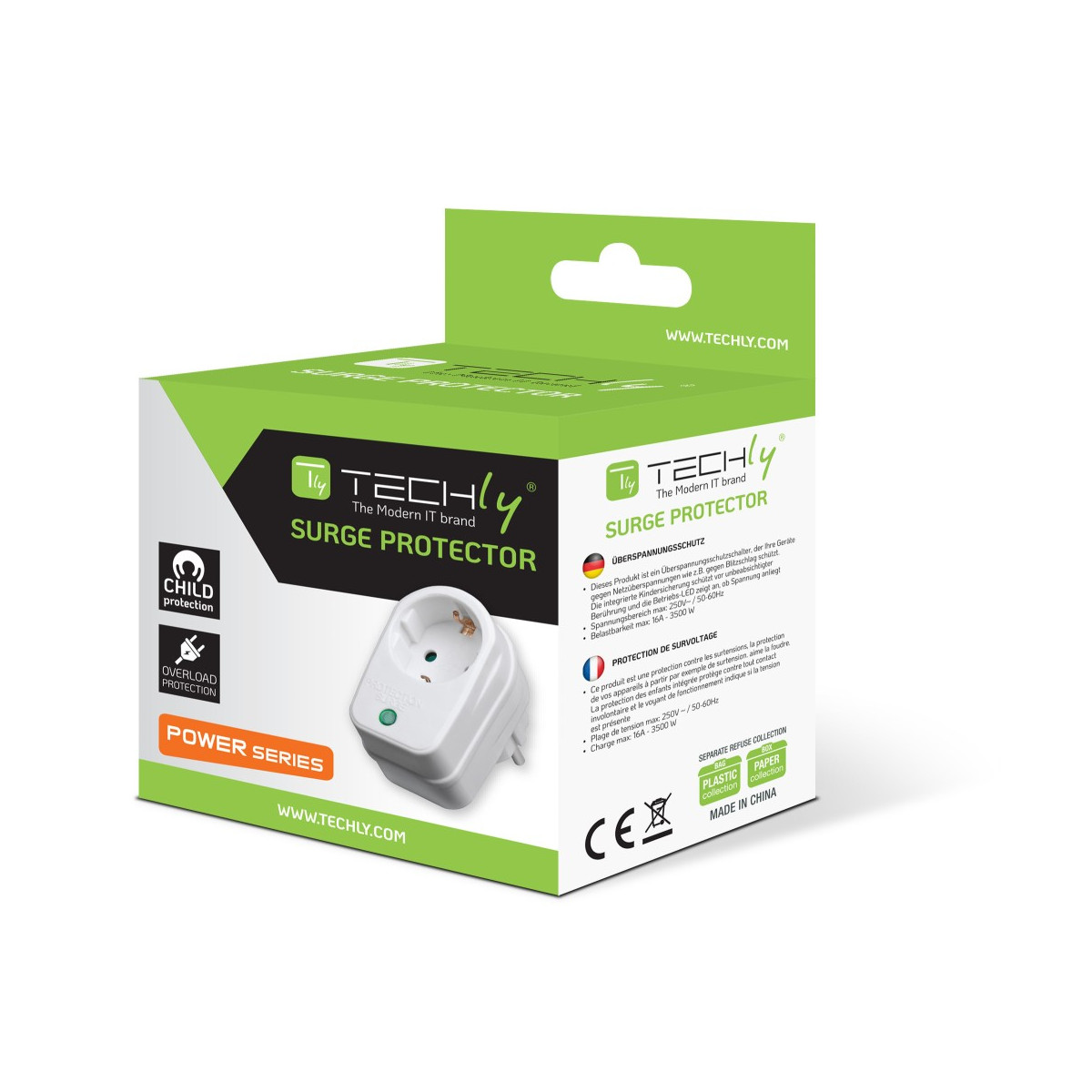 Opakowanie Techly Surge Protector z białym wtykiem, zabezpieczeniem przed dziećmi i przeciążeniem.