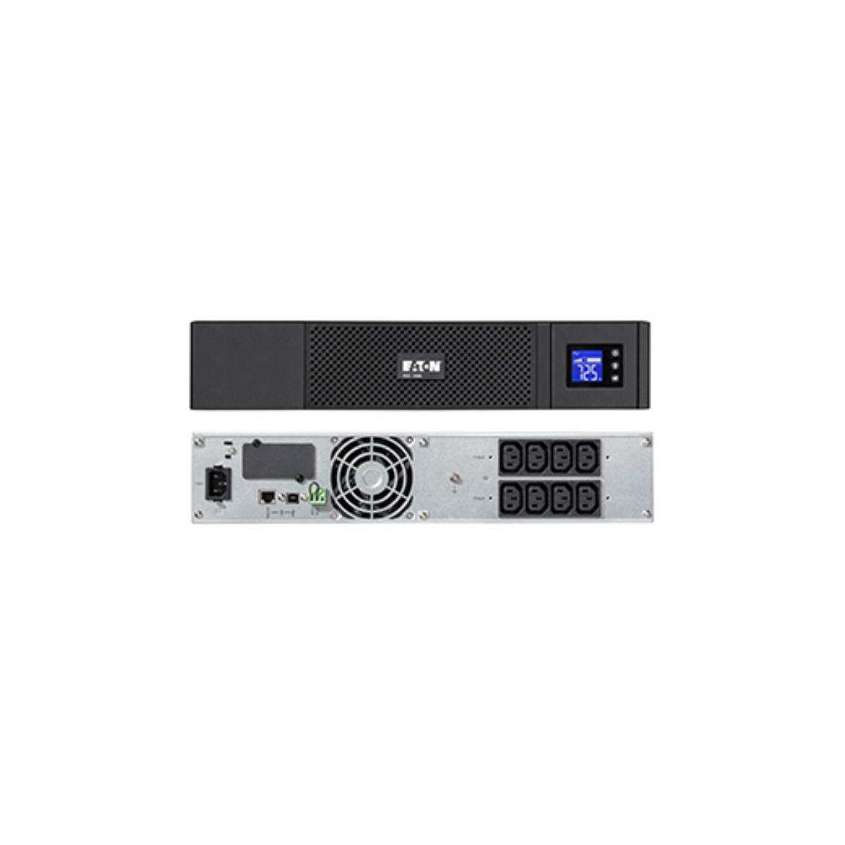 Ein schwarzes Eaton UPS-Gerät von vorne und hinten. Front mit Display, Rückseite mit Lüfter und Steckdosen.