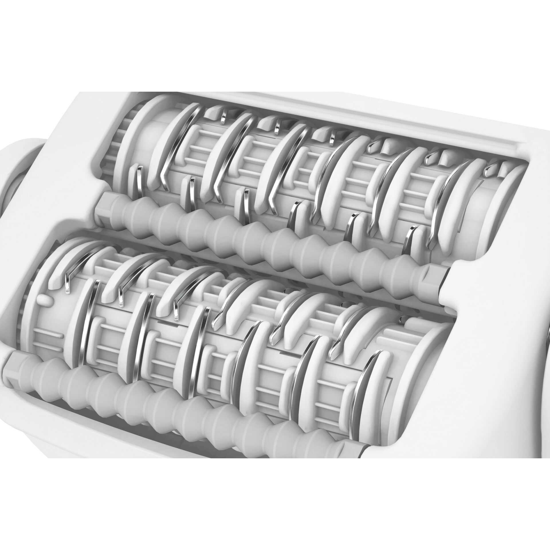 Primo piano di un epilatore bianco con dischi rotanti e pinzette metalliche.