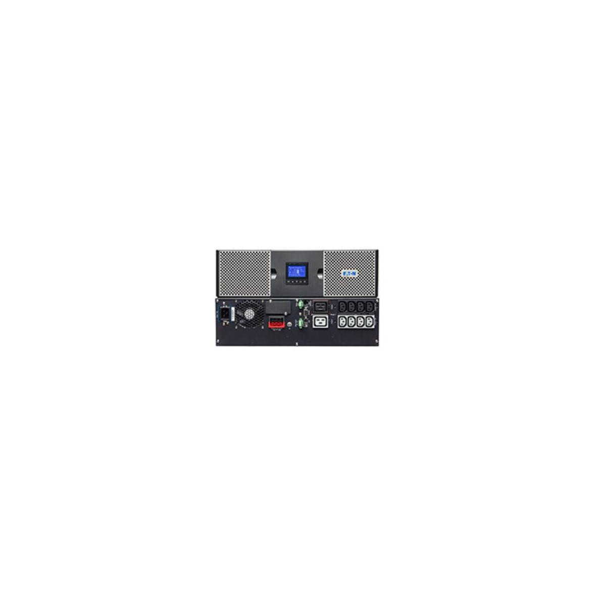 Un dispositivo electrónico negro con ventiladores, puertos y una pequeña pantalla.