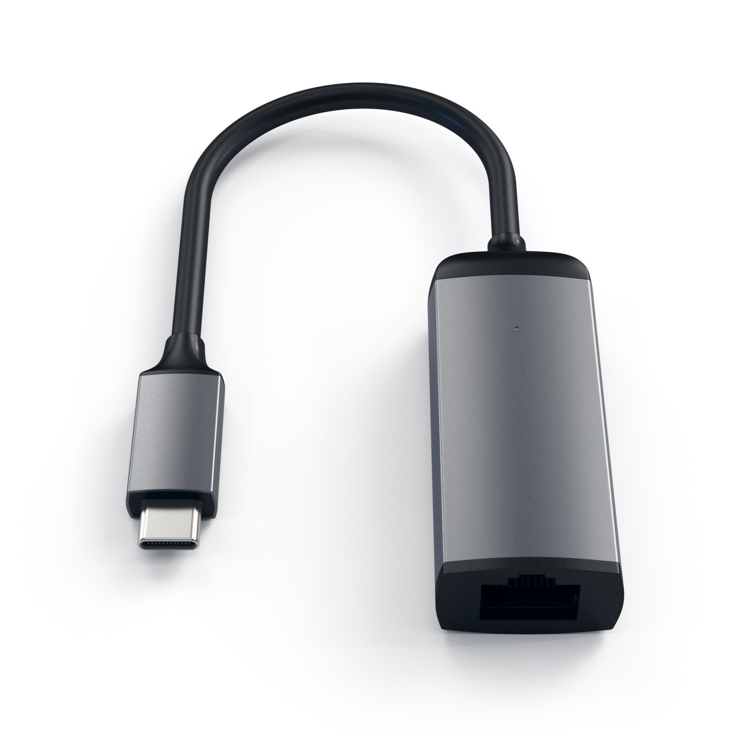 Adattatore USB-C a Ethernet grigio con cavo nero su sfondo bianco.