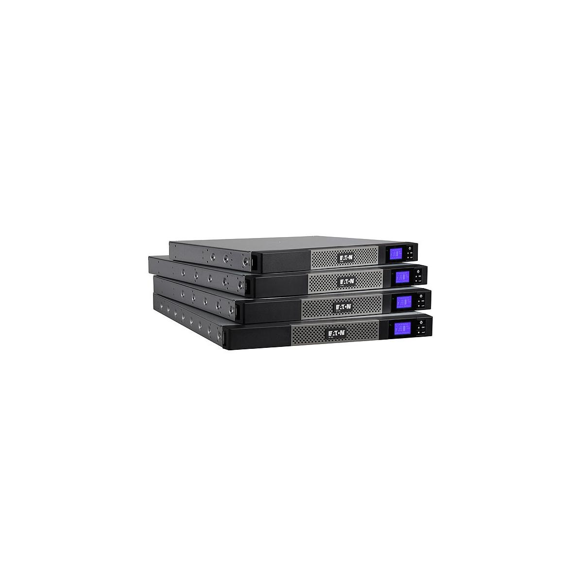 Cuatro servidores de rack negros con pantallas azules apilados.
