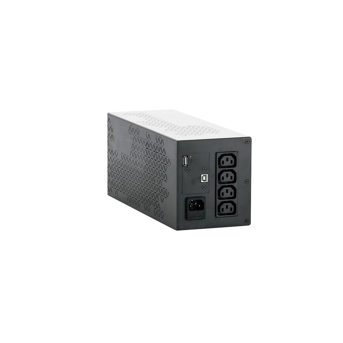 Un gruppo di continuità nero con prese multiple e porta USB.