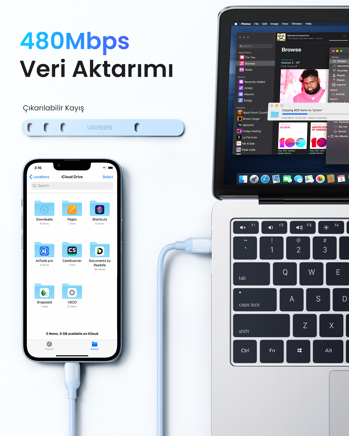 Açık mavi USB-C kablosu, iCloud Drive'ı gösteren bir MacBook ve iPhone'u bağlıyor.