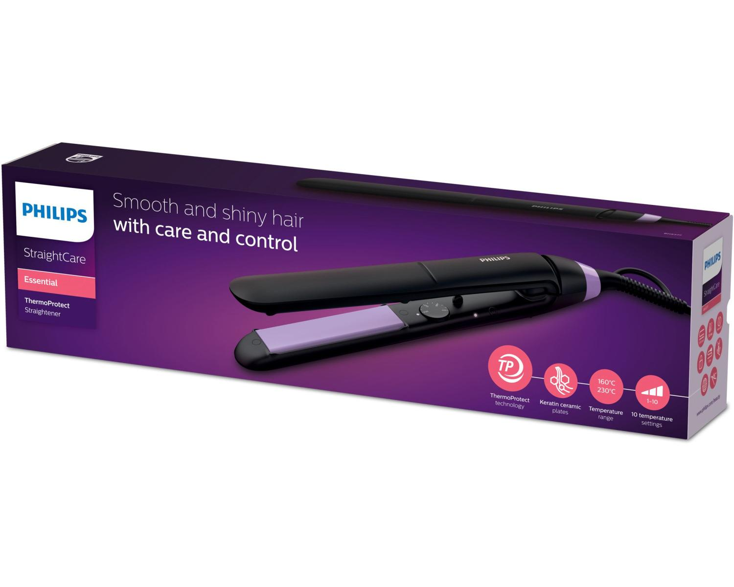 Philips Haarglätter-Verpackung mit lila und schwarzen Akzenten, zeigt das Produkt.