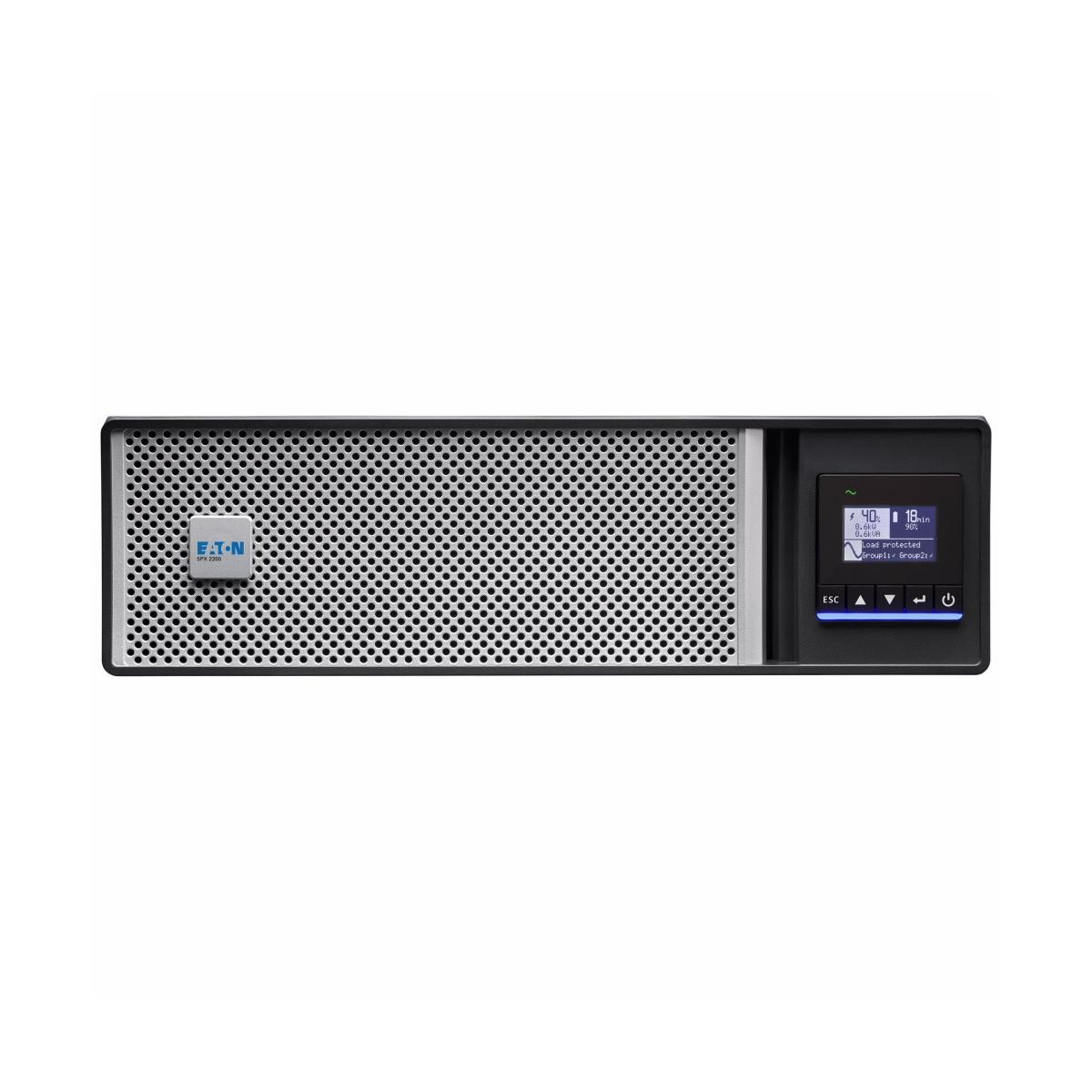 Un dispositivo Eaton UPS negro con rejilla plateada y pantalla LCD.