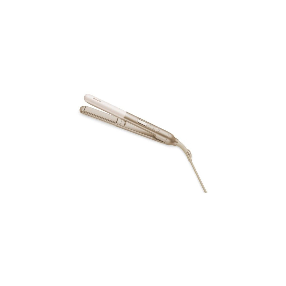 Ein weiß-goldener Haarglätter mit einem Kabel liegt auf weißem Grund.