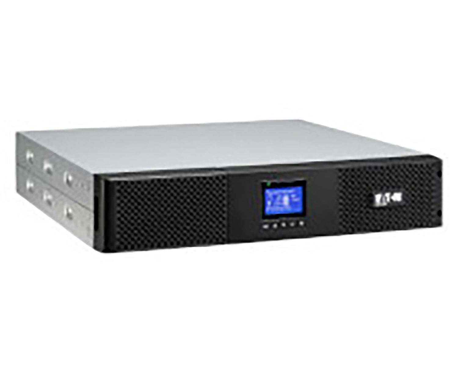 Un servidor UPS plateado y negro con pantalla azul y logo Eaton.