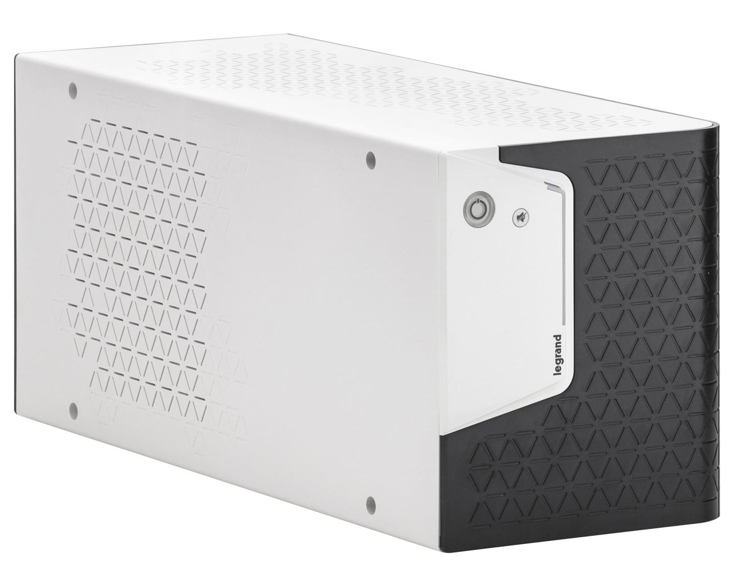 Un dispositivo Legrand bianco e nero con motivo geometrico. Ha fori di ventilazione.